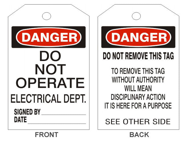 6" x 3" Danger Do Not Operate Electrical Dept. Tags- Back Option 2