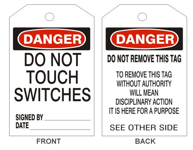 6" x 3" Danger Do Not Touch Switches Tags- Back Option 2