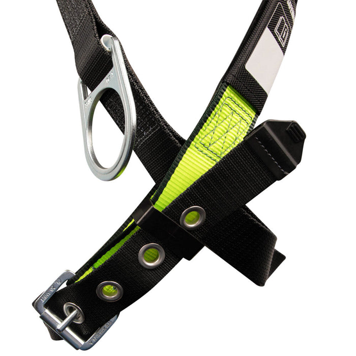 PRO Full Body Harness: Dorsal D-ring, Side Positioning D-rings, Front D-ring, Mating Buckle Chest, Tongue Buckle Legs