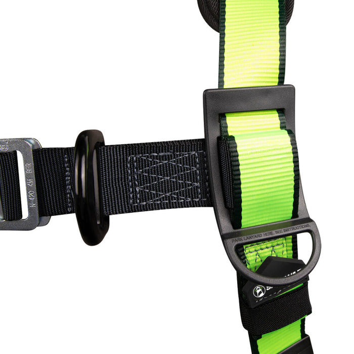 PRO Full Body Harness: Dorsal D-ring, Side Positioning D-rings, Front D-ring, Mating Buckle Chest, Tongue Buckle Legs