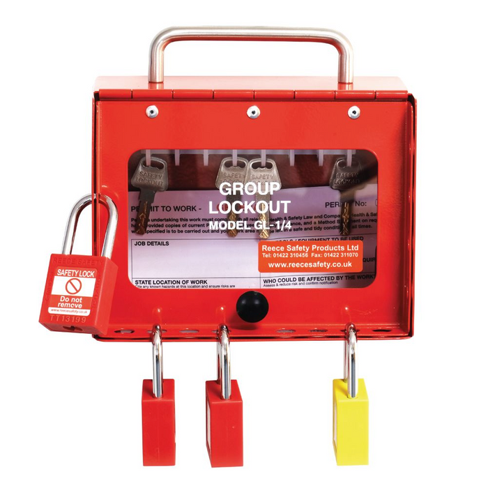 Compact Steel Portable Group Lockout Box, 8 Hook w/ 16 Padlock Holes, Red