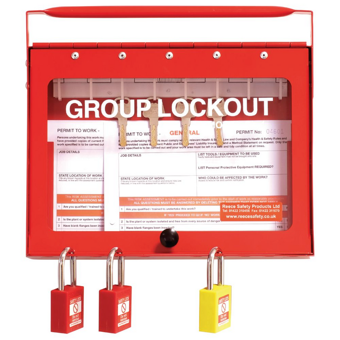 Steel Portable Group Lockout Box, 8 Hook w/10 Padlock Holes, Red
