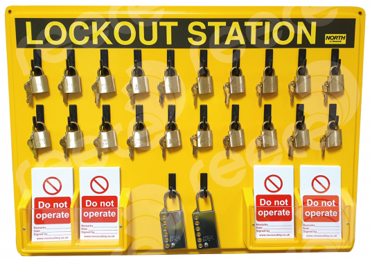 20 Hook Thermoformed Yellow Lockout Station w/ 4 Tag Pockets
