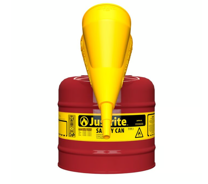 Justrite Type I Steel Safety Can for Flammables, w/Funnel 11202Y, 2 Gallon