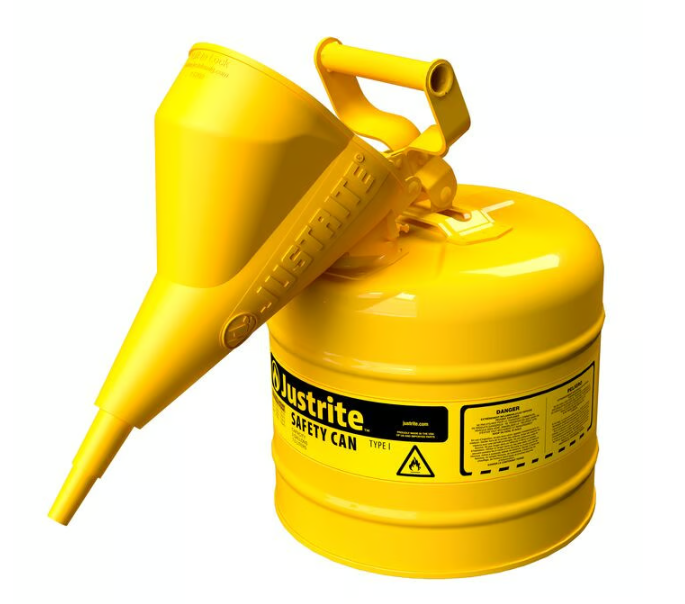 Justrite Type I Steel Safety Can for Flammables, w/Funnel 11202Y, 2 Gallon
