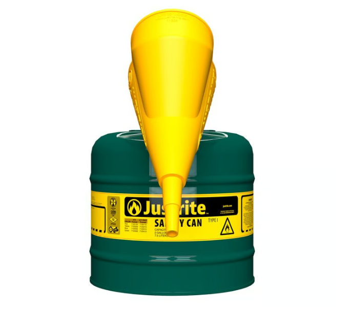 Justrite Type I Steel Safety Can for Flammables, w/Funnel 11202Y, 2 Gallon