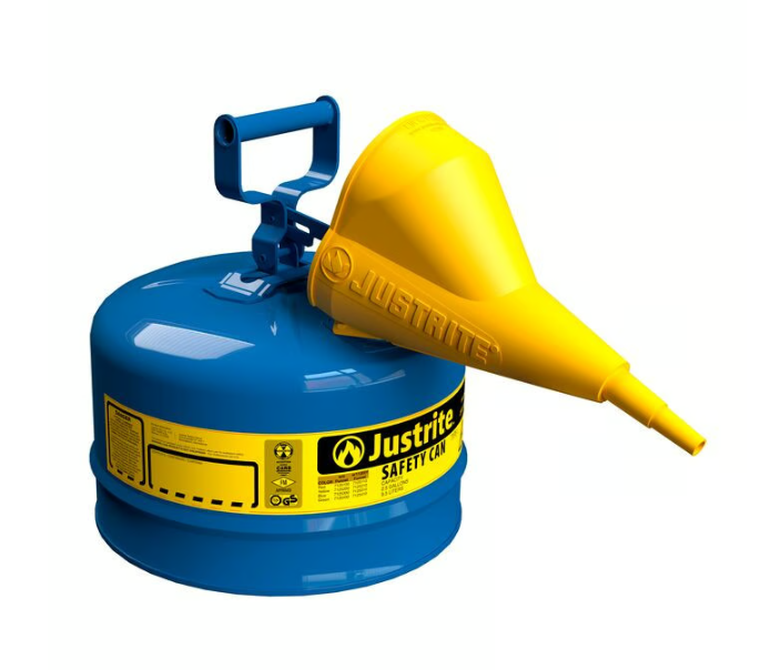 Justrite Type I Steel Safety Can for Flammables, w/Funnel 11202Y, 2½ Gallon