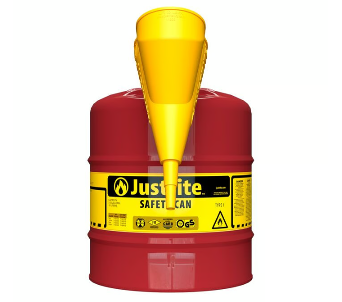 Justrite Type I Steel Safety Can for Flammables, w/Funnel 11202Y, 5 Gallon