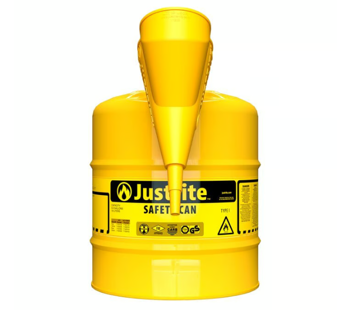 Justrite Type I Steel Safety Can for Flammables, w/Funnel 11202Y, 5 Gallon