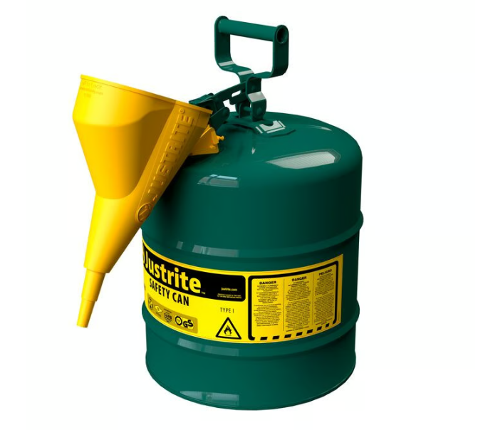 Justrite Type I Steel Safety Can for Flammables, w/Funnel 11202Y, 5 Gallon