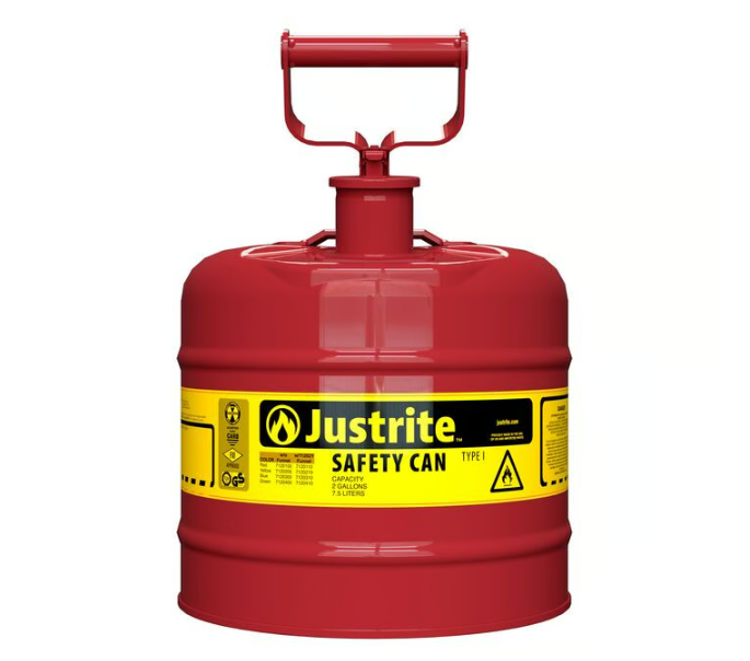 Justrite Type I Steel Safety Can for Flammables, 2 Gallon, Self-Close Lid