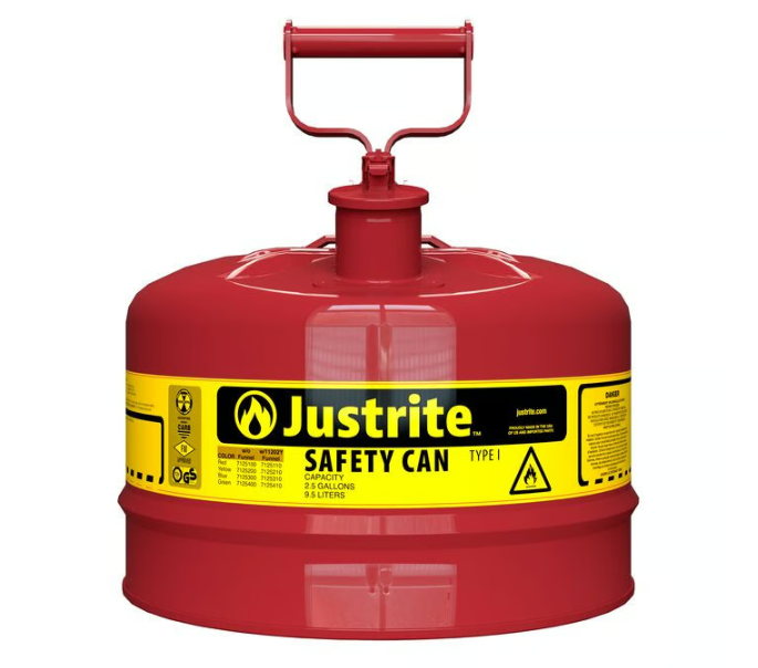 Justrite Type I Steel Safety Can for Flammables, 2½ Gallon, Self-Close Lid