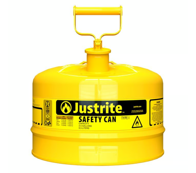 Justrite Type I Steel Safety Can for Flammables, 2½ Gallon, Self-Close Lid