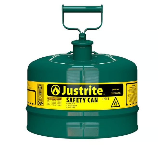 Justrite Type I Steel Safety Can for Flammables, 2½ Gallon, Self-Close Lid