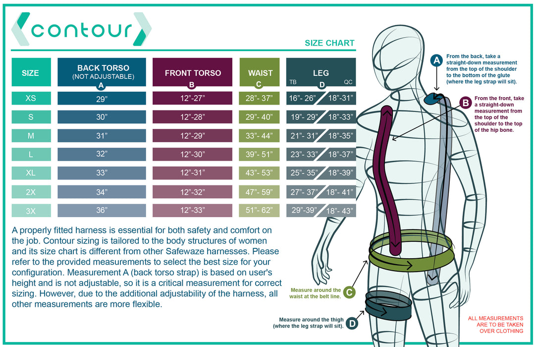 Contour Full Body Harness, Fixed Dorsal D-ring, Quick-Connect Chest, Tongue Buckle Leg