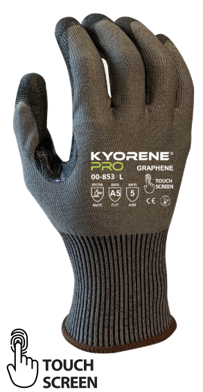 Kyorene Pro® 15g Gray w/Black PU Palm Coating, Thumbcrotch Reinforcement, Touch Screen, ANSI Cut Level A5