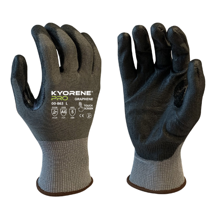 Kyorene Pro® 18g Gray Liner w/Black PU Palm Coating, Thumbcrotch Reinforcement, Touch Screen, ANSI Cut Level A6