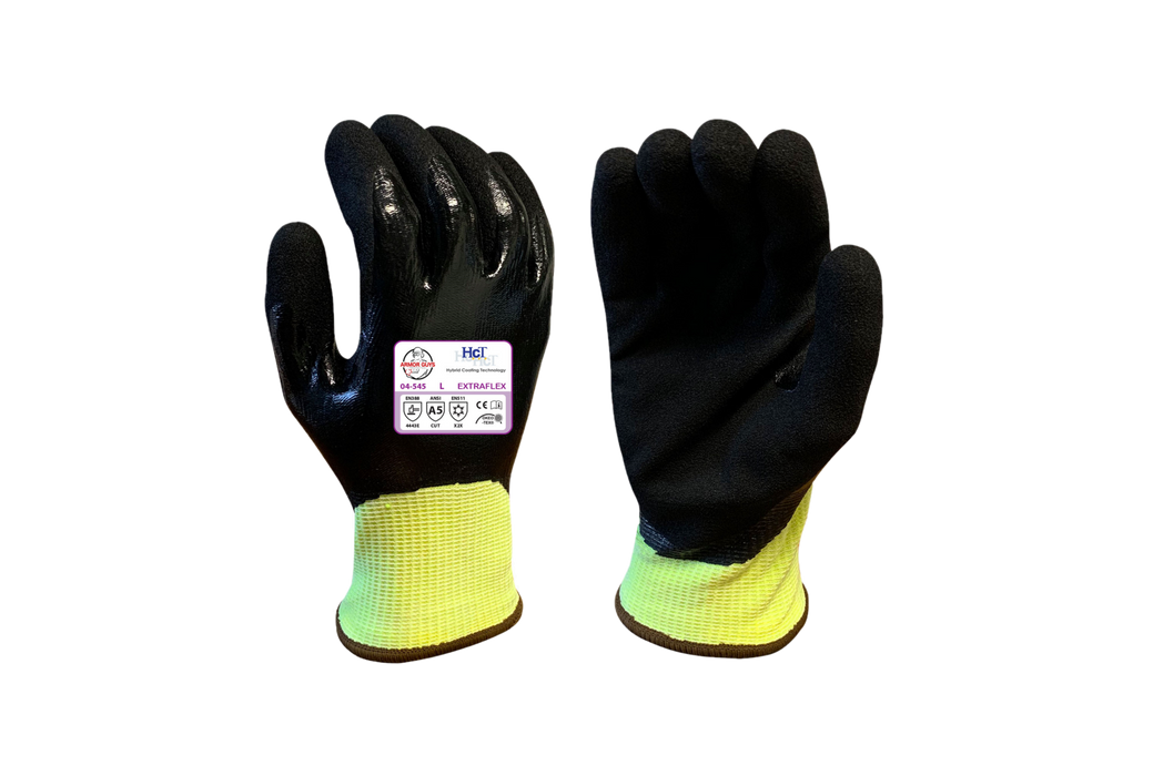 ExtraFlex® 15g Cut Resistant Hi Vis Yellow, Engineered, Poly Acrylic Fleece Liner & Black HCT® MicroFoam Nitrile Palm Coating, ANSI A5