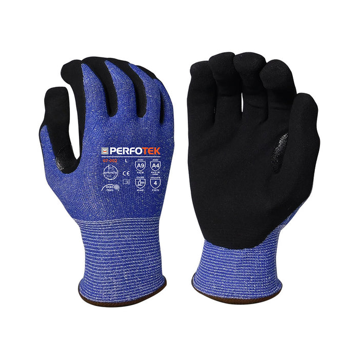 Perfotek® 13g Dark Blue HDPE Liner w/Puncture Resistant Palm & Fingers, Black MicroFoam Nitrile Palm Coating, ANSI A9 Cut Resistance on Palm & ANSI Cut Level A4 Back of Hand