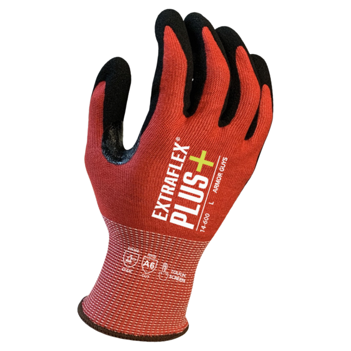 ExtraFlex Plus® 15g Red Liner w/Black HCT® MicroFoam Nitrile Palm Coating, Thumb Crotch Reinforcement, Touch Screen, ANSI Cut Level 6