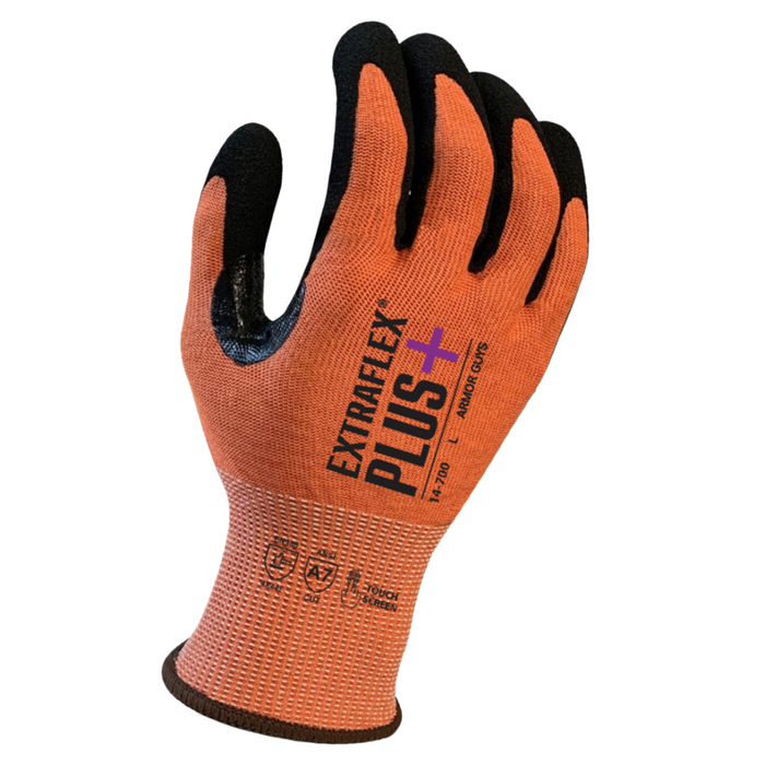 ExtraFlex Plus® 15g Orange Liner w/ Black HCT® MicroFoam Nitrile Palm Coating, Thumb Crotch Reinforcement, Touch Screen, ANSI Cut Level 7