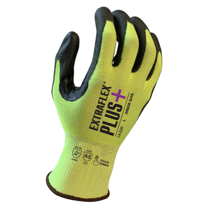 ExtraFlex Plus® 15g Hi Vis Yellow Liner w/Black Polyurethane Palm Coating, Thumb Crotch Reinforcement, Touch Screen, ANSI Cut Level 5