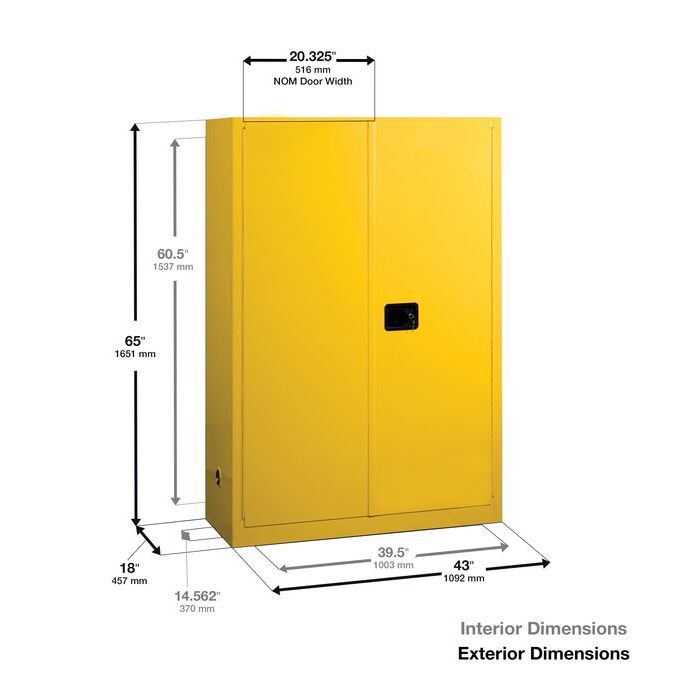 Flammable Cabinet - 45 Gallon, Two Door Self-Closing Two Shelves, Yellow