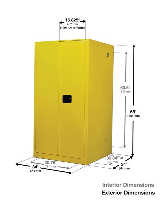 Flammable Cabinet - 60 Gallon, Two Door Self-Closing Two Shelves, Yellow