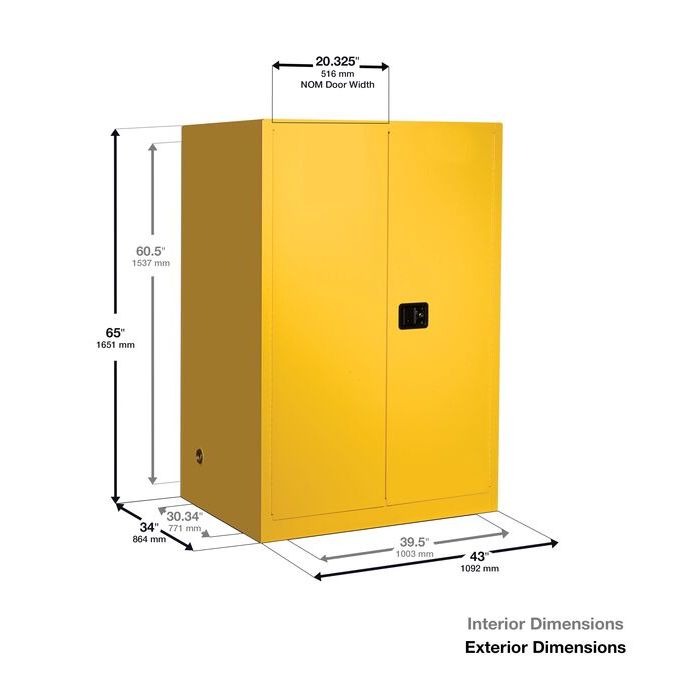 Flammable Cabinet - 90 Gallon, Two Door Self-Closing Two Shelves, Yellow