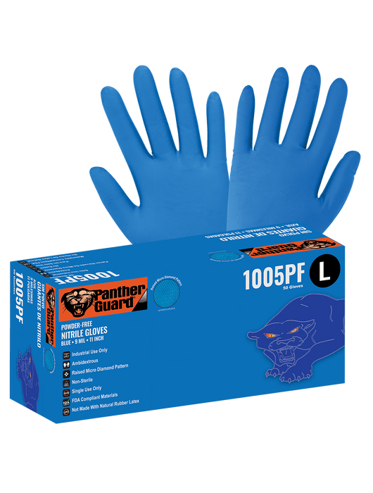 Panther-Guard® Disposable Glove, 9 mil Blue Nitrile, Powder-Free, Raised Micro Diamond, Pattern, 11"