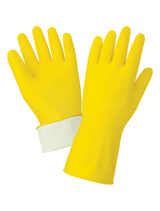 Premium 18 mil Yellow Flocklined Latex, Diamond Pattern Grip, Rolled Cuff, Chlorinated/Case Hardened, 12"