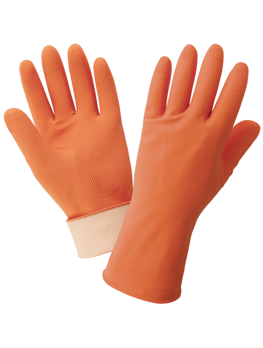 FrogWear® 18 mil Unsupported Gloves, Orange Flock-Lined Latex, Rolled Cuff, Raised Diamond Grip Pattern, 12"