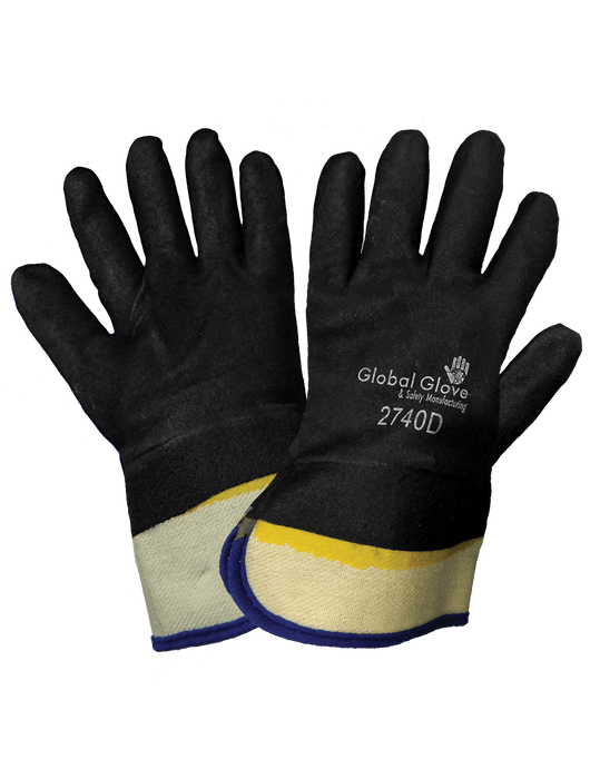 Double-Dipped PVC Gloves, Band Top Yellow PVC, Black PVC Over the Top, Sanded Finish, 10½": Size Large