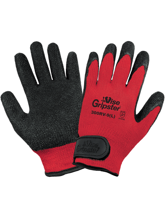 Vise Gripster® - Palm Dipped Black Rubber, Seamless Red 10-Gauge Poly/Cotton Liner, Knit Wrist, Hook & Loop Closure