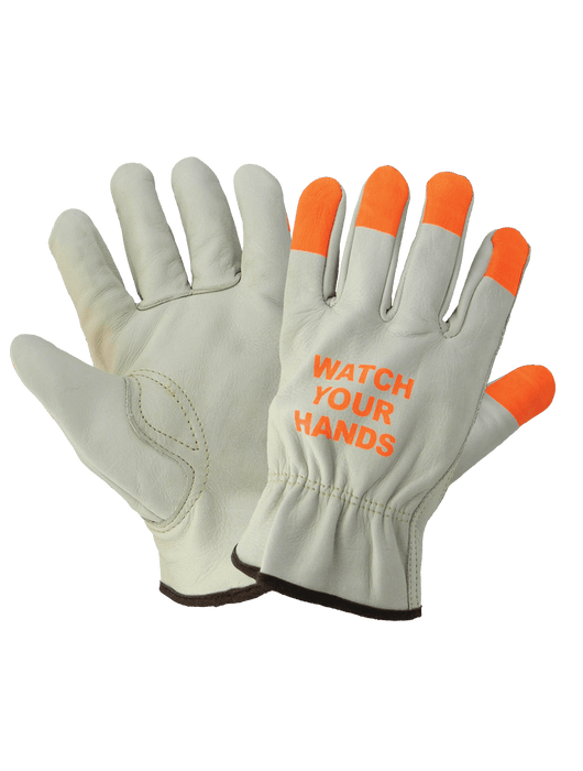 Leather Drivers with Hi-Vis Orange Fingertips & "Watch Your Hands" on Back