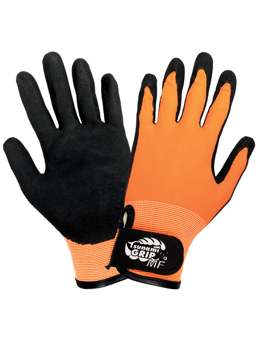 Tsunami Grip® - Mach Finish nitrile, Hi-Vis 13-Gauge Orange Nylon, Hook & Loop Closure