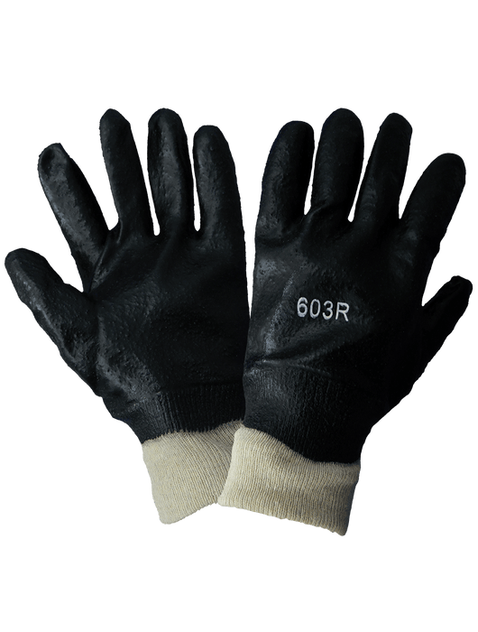 Economy Dipped PVC Gloves, Black PVC on Interlock Liner, Semi Rough Finish, Knit Wrist