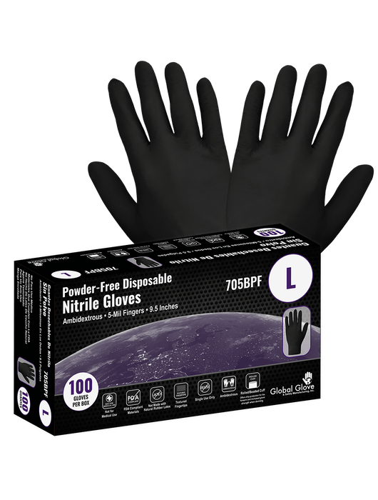 Disposable Glove, 5 mil Black Nitrile Powder-Free, Textured Finish, Ambidextrous, Industrial Grade, 9", Rolled/Beaded Cuff