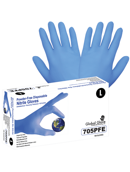 Dispsoable Glove, 3½ mil Blue Nitrile, Powder-Free, Textured Finish, Ambidextrous, Industrial Grade, 9", Rolled/Beaded Cuff