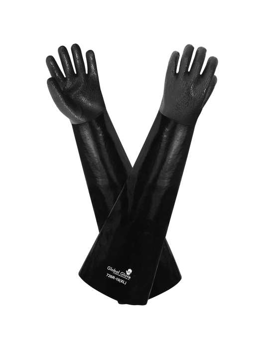 Premium PVC Chemical Handling Supported Glove on Jersey Liner, Black Sandpaper Finish Grip, 26" Shoulder-Length Gauntlet Cuff