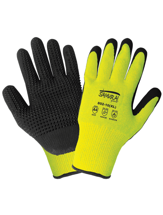 Samurai Glove® - Mach Finish Nitrile, Nitrile Dots, 10-Gauge Hi-Vis Lime Thermal Protecting Aramid Shell, ANSI Cut Level A3, EN 407 Level 3 Heat Contact