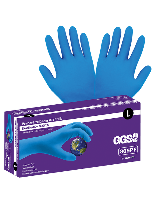 Disposable Glove, 8 mil. Blue Powder-Free Nitrile, 11", Rolled/Beaded Cuff