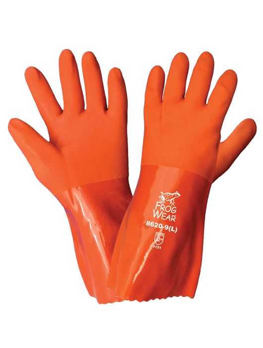 FrogWear® 12" Orange Double-Dipped PVC Supported Chemical Resistant Glove, Seamless Cotton Liner