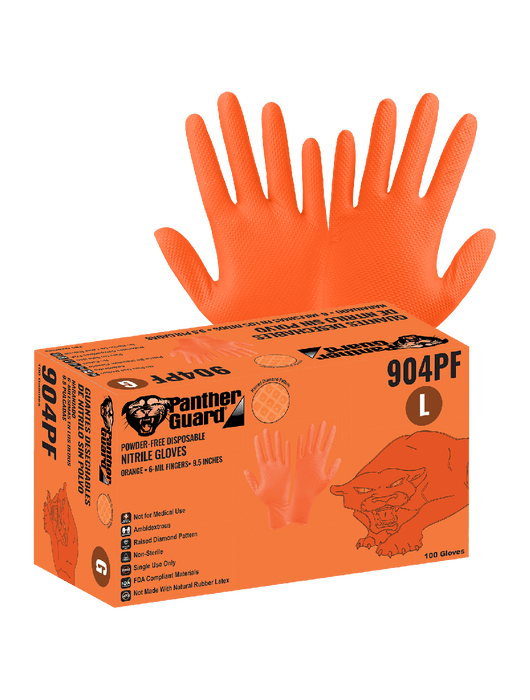 Panther-Guard® Disposable Gloves, 6 mil Industrial Grade Orange Nitrile, Powder-Free, Raised Diamond Pattern, 9½"