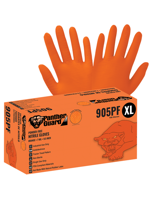 Panther-Guard® Disposable Gloves, 7 mil Orange Nitrile, Powder-Free, Tractor Tread Pattern, 9½"