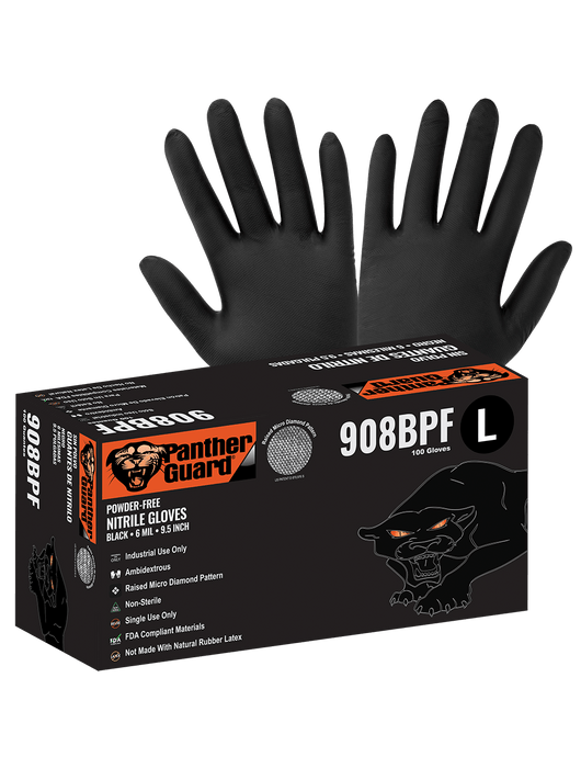 Panther-Guard® Disposable Gloves, 6 mil Black Nitrile, Powder-Free, Raised Micro Diamond Pattern, 9½"