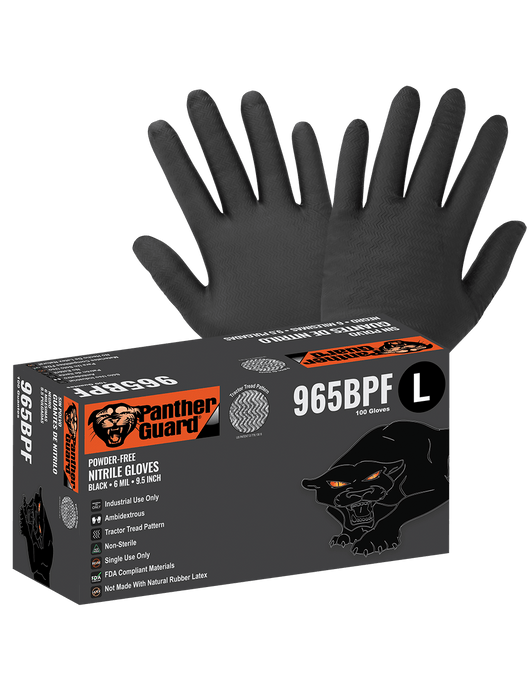 Panther-Guard® Disposable Gloves, 6 mil Black Nitrile, Powder-Free, Tractor Tread Pattern, 9½"