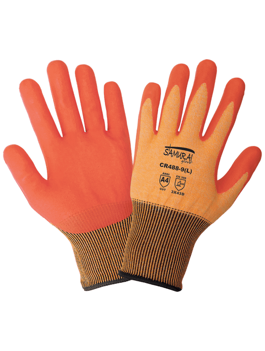 Samurai Glove® 18-Gauge Hi-Vis Orange Seamless Glove w/Orange Foam Nitrile Dip, ANSI Cut Level A4
