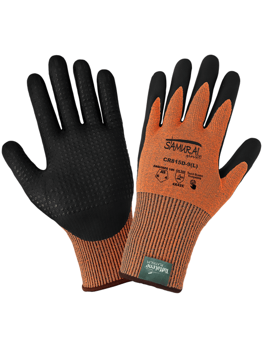 Samurai Glove® 15g High-Vis Cut Resistant, Black Foam Nitrile Palm w/ Nitrile Dots, Touch Screen, ANSI/ISEA 105 Cut Level A5