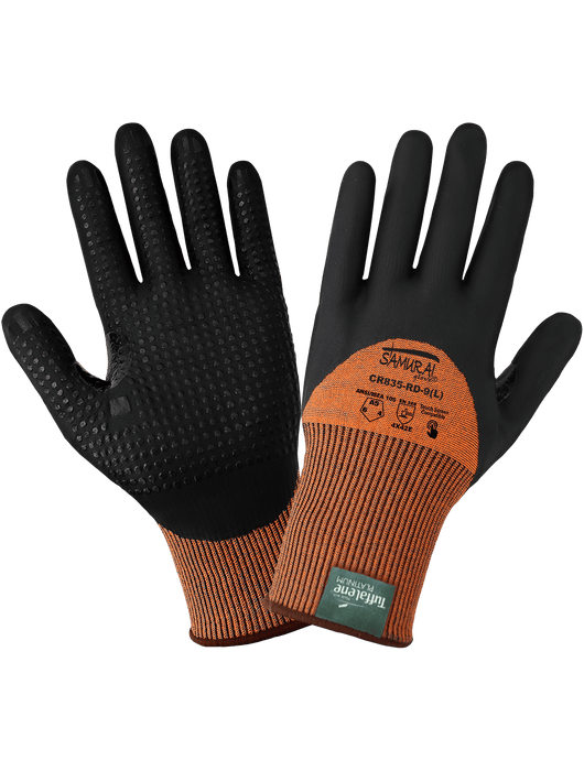 Samurai Glove® 15g High-Vis Cut Resistant, Black Foam Nitrile ¾ Palm Dipped w/Nitrile Dots, Touch Screen, ANSI/ISEA 105 Cut Level A5
